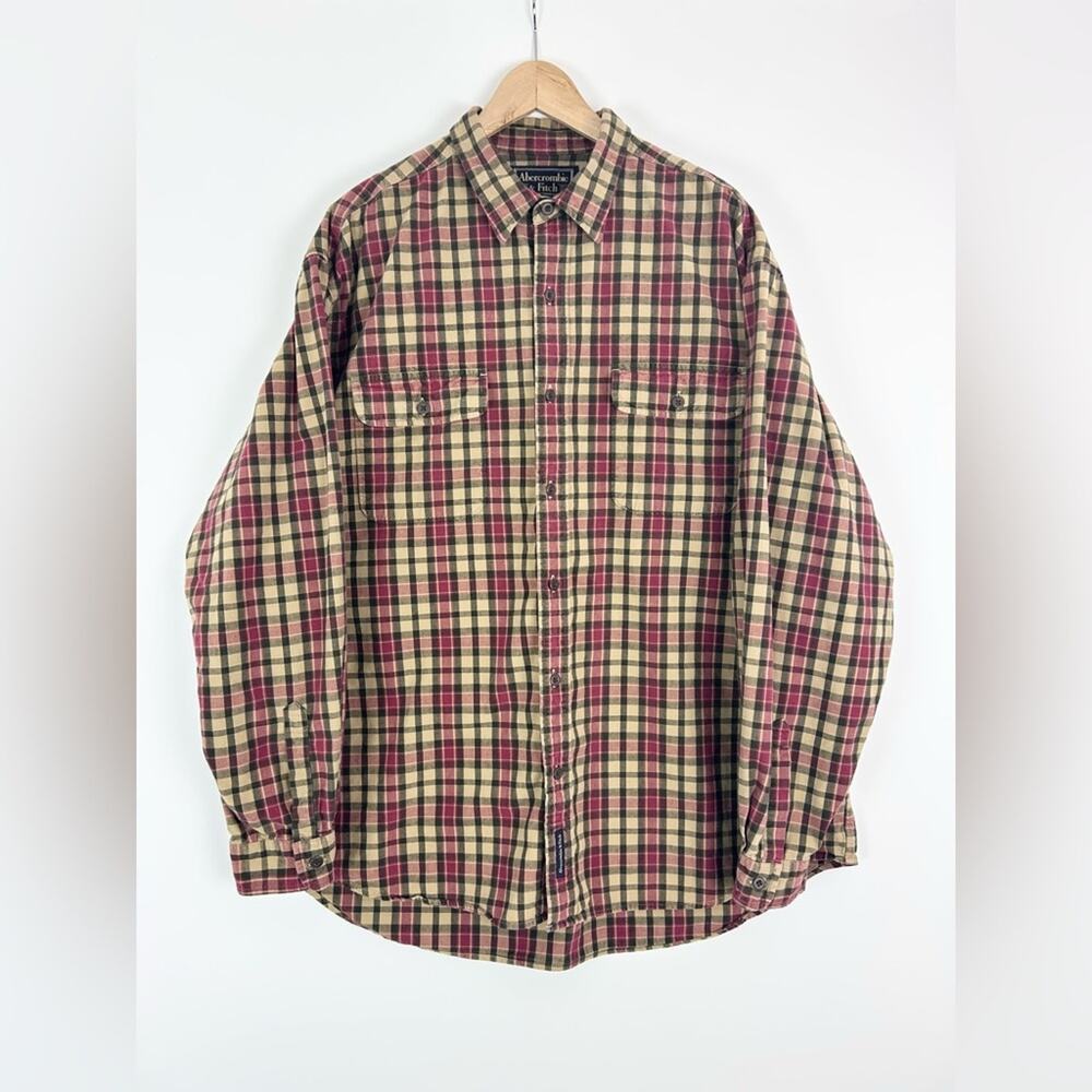 Abercrombie Vintage Plaid Oversize Button Down Red Black Tan Mens Large